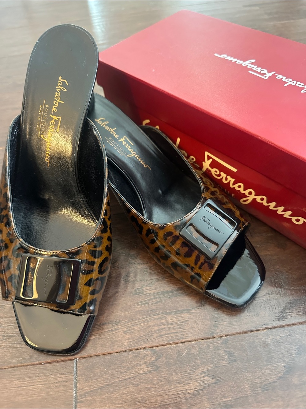 Salvatore Ferragamo Nagan animal print patent leather slides 10.5